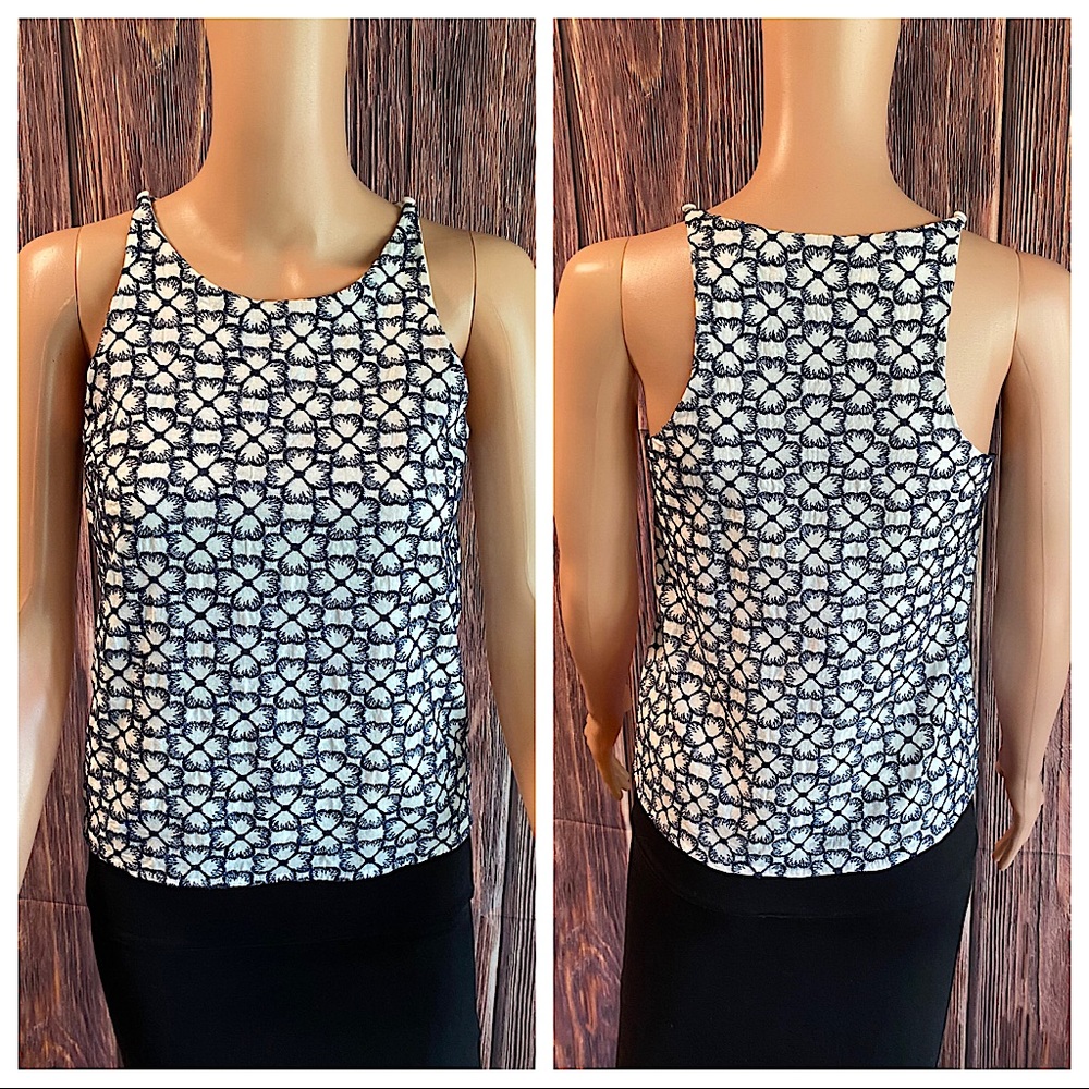 Miami size XXS navy blue and white floral embroidered sleeveless blouse